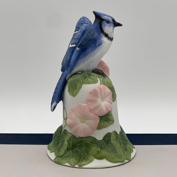 AVON Bisque Porcelain Bird Morning Glory Flower Bell 2001 Collectible Blue Jay - Picture 4 of 16